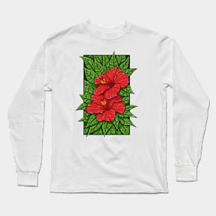 Vintage doodle illustration of Red Hibiscus Flower Long Sleeve T-Shirt